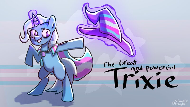 Size: 3200x1800 | Tagged: safe, artist:doggoisadummy, derpibooru import, trixie, pony, unicorn, g4, cape, clothes, female, hat, horn, image, jpeg, magic, mare, mouthpiece, politics, pride, pride flag, solo, telekinesis, trans trixie, transgender, transgender pride flag, witch hat