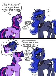 Size: 2000x2700 | Tagged: safe, artist:doggoisadummy, derpibooru import, princess luna, twilight sparkle, alicorn, pony, unicorn, g4, comic, dialogue, duo, female, image, jewelry, jpeg, kissing, lesbian, mare, meme, peytral, pride month, regalia, ship:twiluna, shipping, speech bubble, thought bubble, unicorn twilight