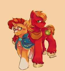 Size: 1589x1731 | Tagged: safe, artist:alex6886, derpibooru import, big macintosh, sunburst, earth pony, pony, unicorn, fanfic:once a week, g4, big macintosh's yoke, cape, clothes, duo, fanfic art, gay, hoof around neck, horn, horse collar, image, looking at each other, looking at someone, macburst, male, png, ship:macburst, shipping, simple background, story in the source, unshorn fetlocks