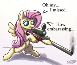 Size: 2000x1700 | Tagged: safe, artist:doggoisadummy, derpibooru import, fluttershy, pegasus, pony, attempted murder, dialogue, female, gun, image, implied donald trump, jpeg, mare, rifle, sniper rifle, solo, speech bubble, weapon