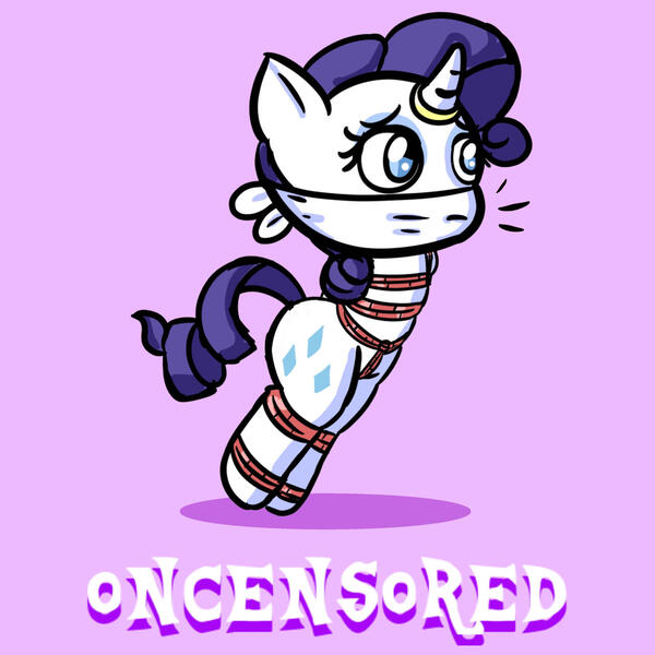 Size: 1280x1280 | Tagged: suggestive, artist:oncensored, derpibooru import, part of a set, rarity, semi-anthro, unicorn, g4, arm behind back, bipedal, bondage, bound and gagged, bound ankles, chibi, cloth gag, crotch rope, cute, damsel in distress, fetish, gag, horn, horn ring, image, jewelry, jpeg, looking offscreen, magic suppression, muffled words, over the nose gag, purple background, ring, rope, rope bondage, shadow, simple background, solo, standing, tied up