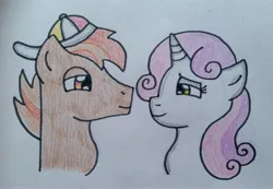 Size: 3044x2108 | Tagged: safe, artist:darkstarnightwalker, derpibooru import, button mash, sweetie belle, earth pony, pony, unicorn, g4, baseball cap, cap, duo, duo male and female, female, hat, horn, image, jpeg, male, mare, older, older button mash, older sweetie belle, ship:sweetiemash, shipping, stallion, straight, traditional art