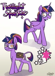 Size: 2000x2799 | Tagged: safe, artist:doggoisadummy, derpibooru import, twilight sparkle, twilight sparkle (alicorn), alicorn, pony, unicorn, g4, alternate cutie mark, alternate design, alternate eye color, alternate hairstyle, alternate mane color, alternate tail color, alternate tailstyle, bag, bags under eyes, female, frown, glasses, high res, image, jpeg, leonine tail, mare, no pupils, orange eye, ponytail, redesign, saddle bag, solo, tail, unicorn twilight