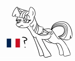 Size: 2200x1800 | Tagged: safe, artist:doggoisadummy, derpibooru import, twilight sparkle, twilight sparkle (alicorn), alicorn, pony, g4, black and white, female, french flag, grayscale, image, jpeg, mare, monochrome, question mark, solo