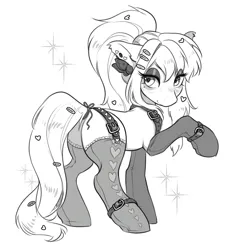 Size: 3886x4096 | Tagged: safe, artist:opalacorn, derpibooru import, oc, unofficial characters only, earth pony, pony, black and white, bracelet, butt, clothes, ear piercing, earring, female, garter belt, grayscale, image, jewelry, jpeg, lidded eyes, looking at you, looking back, looking back at you, mare, monochrome, piercing, plot, simple background, socks, solo, sparkles, stockings, thigh highs, white background