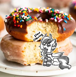 Size: 1087x1101 | Tagged: safe, artist:opalacorn, derpibooru import, oc, unofficial characters only, pegasus, pony, clothes, descriptive noise, donut, eating, female, food, horns, image, irl, jpeg, lidded eyes, mare, micro, photo, ponies in food, ponies in real life, sitting, socks, solo, striped socks, tiny, tiny ponies