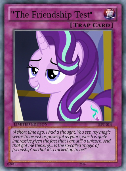 Size: 512x692 | Tagged: semi-grimdark, artist:trrrebleee, derpibooru import, starlight glimmer, unicorn, g4, card, card game, horn, image, meme, png, test, yu-gi-oh!, yugioh card