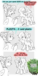 Size: 2048x4096 | Tagged: safe, artist:opalacorn, derpibooru import, oc, oc:strawberry squeeze, oc:void, unofficial characters only, pegasus, pony, unicorn, comic, dialogue, duo, duo female, ear piercing, earring, emanata, female, grayscale, horn, image, jewelry, jpeg, lidded eyes, mare, monochrome, nose piercing, nose ring, partial color, piercing, plants, plewds, speech bubble