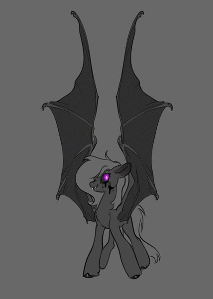 Size: 2671x3745 | Tagged: safe, artist:opalacorn, derpibooru import, oc, unofficial characters only, bat pony, pony, bat pony oc, bat wings, black sclera, blood, chest fluff, commission, ear fluff, fangs, female, floppy ears, glow, glowing eyes, grayscale, image, jpeg, large wings, mare, monochrome, partial color, solo, spread wings, unshorn fetlocks, wings