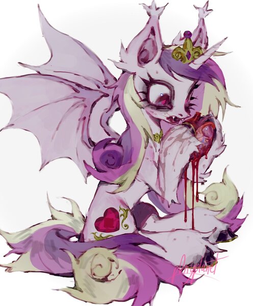 Size: 1693x2048 | Tagged: grimdark, artist:p0nyplanet, derpibooru import, princess cadance, alicorn, bat pony, bat pony alicorn, pony, bat wings, blood, ear tufts, fangs, female, heart, horn, image, jewelry, jpeg, mare, organs, race swap, regalia, simple background, sitting, solo, spread wings, unshorn fetlocks, white background, wings