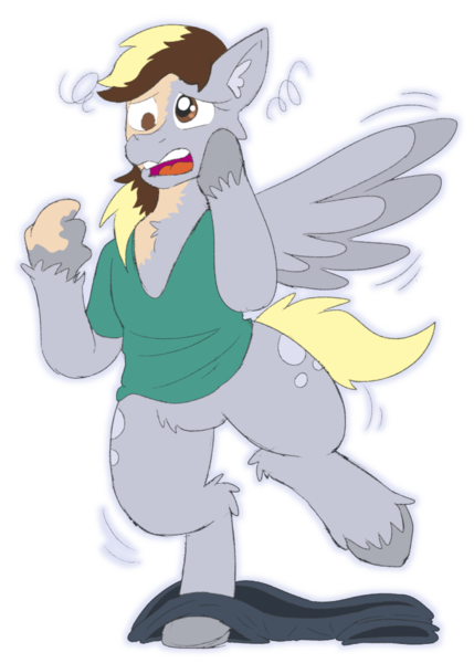 Size: 750x1050 | Tagged: safe, artist:detectivecoon, derpibooru import, derpy hooves, human, pegasus, pony, bipedal, clothes, female, human to pony, image, mare, open mouth, png, simple background, solo, transformation, transparent background, unshorn fetlocks, worried