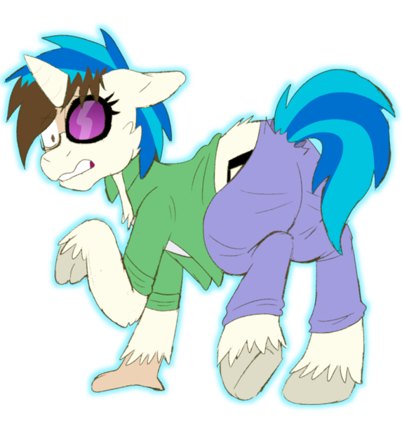 Size: 750x786 | Tagged: safe, artist:detectivecoon, derpibooru import, vinyl scratch, oc, oc:jaker, human, pony, unicorn, cheek fluff, clothes, cropped, female, floppy ears, horn, human to pony, image, looking at you, looking back, looking back at you, png, raised hoof, scared, simple background, solo, transformation, transgender transformation, transparent background, underhoof, unshorn fetlocks