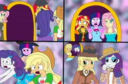 Size: 2266x1488 | Tagged: safe, artist:artsymlp12, derpibooru import, applejack, fluttershy, rarity, sunset shimmer, twilight sparkle, twilight sparkle (alicorn), alicorn, human, equestria girls, g4, comic, doppelganger, edwardian, fake applejack, fake fluttershy, fake rarity, fake sunset, fake twilight, humanized, image, impostor, jpeg, mirror, trapped