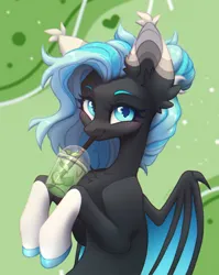 Size: 2208x2775 | Tagged: safe, artist:viryav, derpibooru import, oc, unofficial characters only, bat pony, pony, blue eyes, blue hair, blue pupils, blushing, cup, cute, drink, drinking, drinking straw, eyebrows, female, female oc, food, freckles, green background, hair bun, happy, image, jpeg, lemon, lime, looking at you, mare, mare oc, outline, partially open wings, plastic cup, shiny mane, signature, simple background, sketch, slender, smiling, smiling at you, soda, solo, solo female, tassels, thin, wings