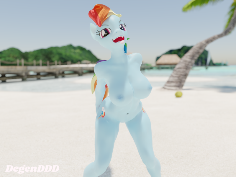 Size: 2560x1920 | Tagged: questionable, artist:degen3d, rainbow dash, anthro, 3d, arm behind back, beach, big breasts, blue nipples, blue sky, blurred background, blurry background, both cutie marks, breasts, busty rainbow dash, complete nudity, cutie mark, day, explicit source, female, front view, image, looking at you, nipples, nudist beach, nudity, ocean, open mouth, outdoors, palm tree, png, sand, solo, solo female, tongue out, tree, water, wingless, wingless anthro, wingless rainbow dash