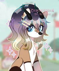 Size: 3550x4299 | Tagged: safe, artist:scarffist, derpibooru import, oc, unofficial characters only, gazelle, pony, base used, blue eyes, commission, cute, ear piercing, earring, horn, horns, image, jewelry, long hair, long mane, piercing, png, solo, sparkles, ych result