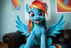 Size: 2104x1440 | Tagged: safe, ai content, derpibooru import, generator:cyberrealistic pony v6.1, machine learning generated, rainbow dash, pegasus, pony, g4, couch, cute, female, fur, happy, image, indoors, jpeg, looking at you, mare, mlem, prompter:siber, realistic, silly, sitting, solo, spread wings, tongue out, wings