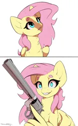 Size: 2500x4000 | Tagged: safe, artist:skitsniga, derpibooru import, fluttershy, pegasus, pony, female, gun, gunshy, handgun, image, mare, png, revolver, weapon, wing hands, wings