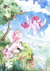 Size: 2808x3970 | Tagged: safe, artist:laymy, derpibooru import, heart throb, lickety-split, bird, earth pony, pegasus, pony, g1, bow, duo, image, png, tail, tail bow, tree