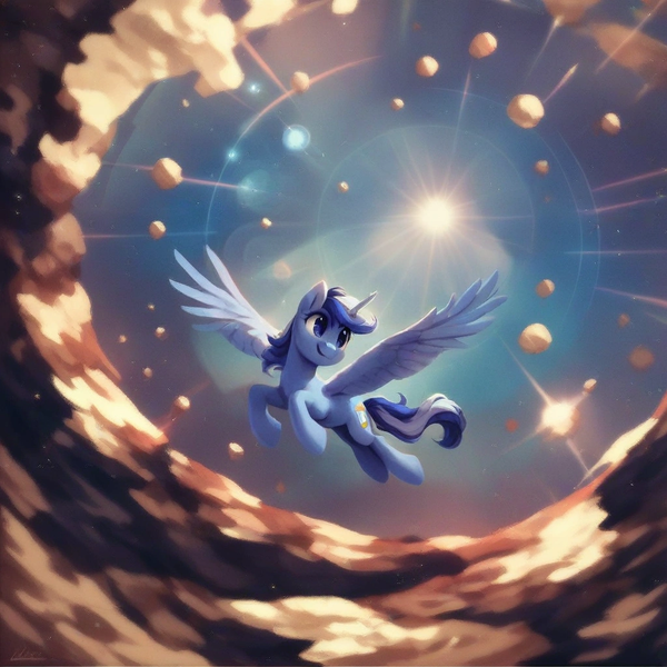 Size: 1024x1024 | Tagged: safe, ai content, derpibooru import, machine learning generated, prompter:jesterofdestiny, stable diffusion, minuette, alicorn, g4, alicornified, flying, generator:pony diffusion v6 xl, generator:purplesmart.ai, image, png, race swap, solo, space