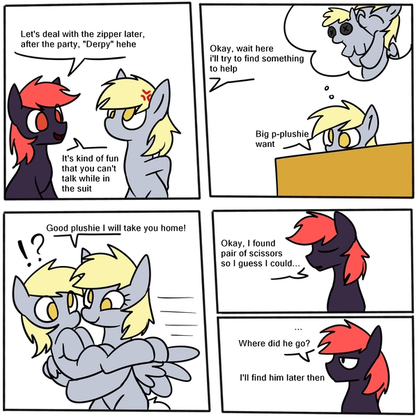 Size: 2000x2000 | Tagged: safe, artist:742, derpibooru import, derpy hooves, oc, oc:tom, pony, angry, clothes, comic, costume, dialogue, emanata, female, image, jpeg, male, mare, mask, masking, ponysuit, stallion, trapped