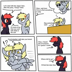 Size: 2000x2000 | Tagged: safe, artist:742, derpibooru import, derpy hooves, oc, oc:tom, pony, angry, clothes, comic, costume, dialogue, emanata, female, image, jpeg, male, mare, mask, masking, ponysuit, stallion, trapped