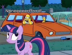 Size: 533x405 | Tagged: safe, derpibooru import, twilight sparkle, pony, unicorn, car, cutie mark, female, homer goes to college, homer simpson, horn, image, jpeg, mare, marge simpson, nerd, open mouth, the simpsons, unicorn twilight