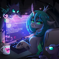 Size: 1000x1000 | Tagged: safe, artist:koveliana, queen chrysalis, changeling, changeling queen, /chag/, /mlp/, 4chan, bedroom eyes, chair, coffee cup, computer, cup, fangs, female, heart, image, jpeg, keyboard, licking, licking lips, looking at you, peeking, sitting, smiling, smirk, tongue out