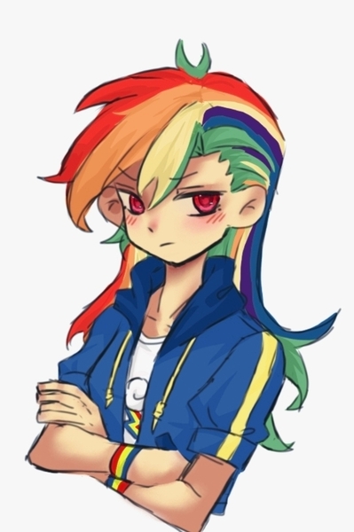 Size: 542x816 | Tagged: safe, artist:xinjinjumin7426699, derpibooru import, rainbow dash, human, bust, crossed arms, frown, humanized, image, jpeg, looking at you, multicolored hair, portrait, rainbow hair, simple background, white background