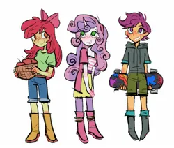 Size: 1671x1418 | Tagged: safe, artist:cellolikescat, derpibooru import, apple bloom, scootaloo, sweetie belle, human, equestria girls, g4, apple, basket, blushing, boots, clothes, cutie mark crusaders, food, grin, hoodie, horn, horned humanization, humanized, image, jeans, jpeg, pants, shoes, short jeans, shorts, simple background, skateboard, skirt, smiling, white background