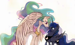 Size: 1602x977 | Tagged: safe, artist:ss543406, derpibooru import, princess celestia, princess luna, alicorn, pony, g4, duo, duo female, eye contact, female, horn, image, jpeg, looking at each other, looking at someone, mare, peytral, royal sisters, siblings, sisters, tail, wings