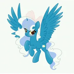 Size: 6890x6890 | Tagged: safe, artist:riofluttershy, derpibooru import, oc, oc:fleurbelle, unofficial characters only, alicorn, pony, alicorn oc, blushing, bow, female, flying, hair bow, horn, image, jpeg, mare, pink bow, simple background, smiling, solo, tail, two toned hair, two toned mane, two toned tail, white background, wings, yellow eyes