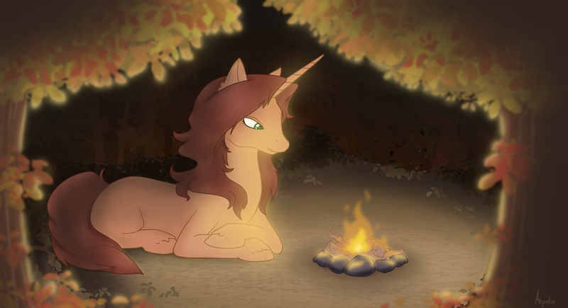 Size: 2120x1152 | Tagged: safe, derpibooru import, oc, oc:autumn-breeze, unofficial characters only, pegasus, pony, auburn mane, autumn, autumn leaves, campfire, clearing, fire, forest, forest background, image, leaf, leaves, lying down, nature, night, ochre coat, peaceful, png, prone, shadows, solo, tree, warm