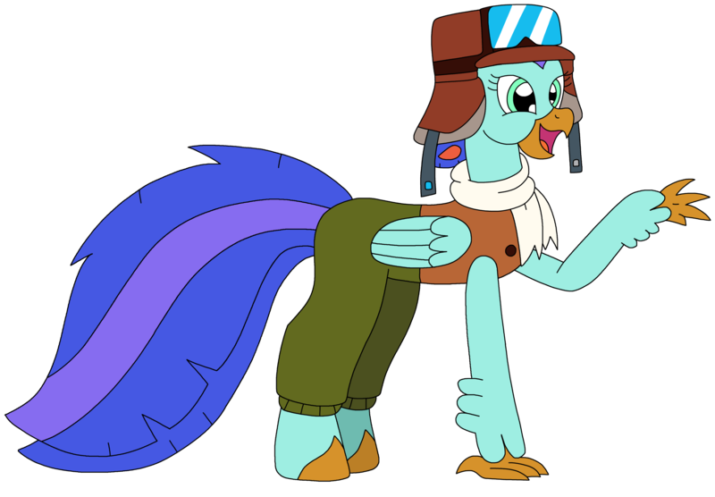 Size: 3100x2156 | Tagged: safe, artist:supahdonarudo, derpibooru import, oc, oc:sea lilly, unofficial characters only, classical hippogriff, hippogriff, aviator goggles, clothes, flight suit, goggles, hat, image, indigo park (video game), mollie macaw, pants, png, scarf, simple background, transparent background, vest