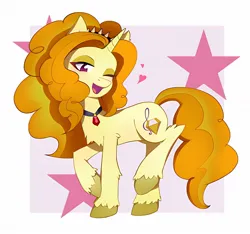 Size: 1280x1198 | Tagged: safe, artist:lipona, derpibooru import, adagio dazzle, unicorn, equestria girls, g4, anime, blushing, chest fluff, ear fluff, female, fluffy hair, fluffy tail, heart, horn, image, jpeg, my little pony equestria girls: rainbow rocks, one eye closed, open mouth, open smile, orange mane, purple eyes, red crystal, simple background, smiling, solo, tail, three quarter view, wink, yellow body