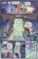 Size: 1311x2027 | Tagged: safe, derpibooru import, idw, official, hitch trailblazer, sparky sparkeroni, sunny starscout, unnamed character, unnamed pony, dragon, earth pony, pony, unicorn, g5, my little pony: tell your tale, spoiler:comic, spoiler:g5, spoiler:g5comic, book, comic, female, glasses, horn, image, labyrinth, male, mare, maretime mysteries #3, misty brightdawn, my little pony: maretime mysteries, official comic, png, staff, stallion, trio