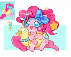 Size: 2048x1639 | Tagged: safe, artist:chonpsk, derpibooru import, pinkie pie, earth pony, pony, g4, balloon, blush sticker, blushing, bow, cute, diapinkes, female, hair bow, image, inner tube, jpeg, mare, open mouth, passepartout, pool toy, screencap reference, smiling, snorkel, solo