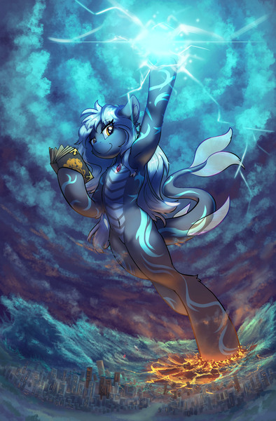 Size: 2976x4533 | Tagged: safe, artist:ravistdash, derpibooru import, oc, unofficial characters only, original species, shark, shark pony, apocalypse, bipedal, book, building, city, destruction, dorsal fin, fin, fins, fish tail, flowing tail, image, jpeg, macro, magic, ocean, scales, smiling, smirk, solo, stomping, tail, tsunami, wallpaper, water