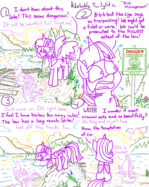 Size: 4779x6013 | Tagged: safe, artist:adorkabletwilightandfriends, derpibooru import, spike, twilight sparkle, twilight sparkle (alicorn), alicorn, comic:adorkable twilight and friends, adorkable, adorkable twilight, back, back of head, butt, cloud, comic, confident, cute, dork, duo, duo male and female, female, flower, grass, hill, image, male, nature, nervous, plot, png, river, rock, scared, scenery, sign, sitting, slice of life, sliding, sunset, sweat, tracks, train tracks, tree, water, worried