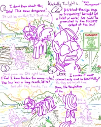 Size: 4779x6013 | Tagged: safe, artist:adorkabletwilightandfriends, derpibooru import, spike, twilight sparkle, twilight sparkle (alicorn), alicorn, comic:adorkable twilight and friends, adorkable, adorkable twilight, back, back of head, butt, cloud, comic, confident, cute, dork, duo, duo male and female, female, flower, grass, hill, image, male, nature, nervous, plot, png, river, rock, scared, scenery, sign, sitting, slice of life, sliding, sunset, sweat, tracks, train tracks, tree, water, worried