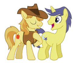 Size: 633x526 | Tagged: safe, derpibooru import, edit, vector edit, braeburn, comet tail, earth pony, pony, unicorn, crack shipping, gay, hat, hoof on chest, horn, image, male, png, ship:cometburn, shipping, simple background, stallion, transparent background, vector