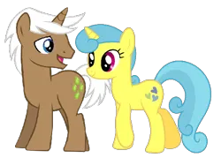 Size: 610x437 | Tagged: safe, derpibooru import, edit, vector edit, lemon hearts, mochaccino, rare find, pony, unicorn, emeraldhearts, female, horn, image, male, mare, open mouth, open smile, png, shipping, simple background, smiling, stallion, straight, transparent background, vector