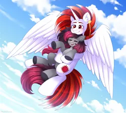 Size: 3000x2712 | Tagged: safe, artist:madelinne, derpibooru import, oc, oc:madelinne, oc:ryoku memori, unofficial characters only, alicorn, earth pony, pony, alicorn oc, duo, earth pony oc, female, flying, happy, horn, image, jewelry, male, mare, png, stallion, wings