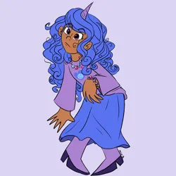 Size: 1800x1800 | Tagged: safe, artist:mirabuncupcakes15, derpibooru import, izzy moonbow, human, g5, blackwashing, boots, clothes, cutie mark, cutie mark on clothes, dress, eyebrows visible through hair, female, friendship bracelet, frown, high heel boots, horn, horned humanization, humanized, image, jewelry, moderate dark skin, necklace, png, shoes, signature, simple background, solo