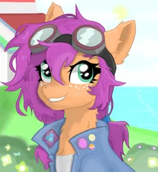 Size: 1421x1537 | Tagged: safe, artist:minecake, derpibooru import, izzy moonbow, sunny starscout, earth pony, pony, g5, bucktooth, bush, bust, clothes, ear fluff, female, flower, fluttershy's cutie mark, goggles, goggles on head, green eyes, image, izzy moonbow's cutie mark, jacket, lesbian, lesbian pride flag, lighthouse, neck fluff, ocean, pin, png, portrait, pride, pride flag, pride pin, ship:moonscout, shipping, solo, twilight sparkle's cutie mark, water