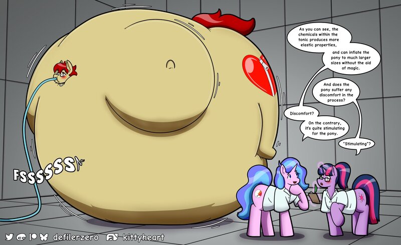 Size: 1723x1053 | Tagged: questionable, artist:defilerzero, ponerpics import, twilight sparkle, oc, unofficial characters only, inflatable pony, pony, clothes, dialogue, female, fetish, glasses, helium, image, inflatable, inflation, jpeg, lab coat, male, mare, stallion