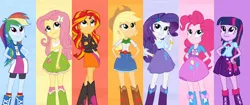 Size: 1984x832 | Tagged: safe, artist:pedro123emanuel, derpibooru import, edit, applejack, fluttershy, pinkie pie, rainbow dash, rarity, sci-twi, sunset shimmer, twilight sparkle, human, equestria girls, g4, female, humane five, humane seven, humane six, image, my little pony equestria girls: rainbow rocks, png, shine like rainbows