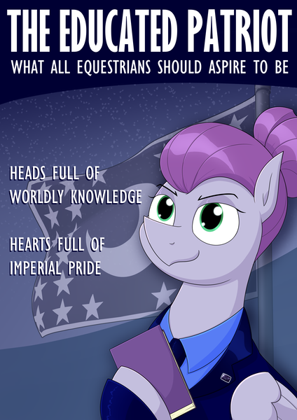 Size: 3000x4242 | Tagged: safe, artist:moonatik, derpibooru import, pegasus, pony, equestria at war mod, alternate timeline, book, clothes, flag, flag of equestria, hair bun, image, necktie, new lunar millennium, nightmare takeover timeline, png, poster, propaganda poster, solo, suit