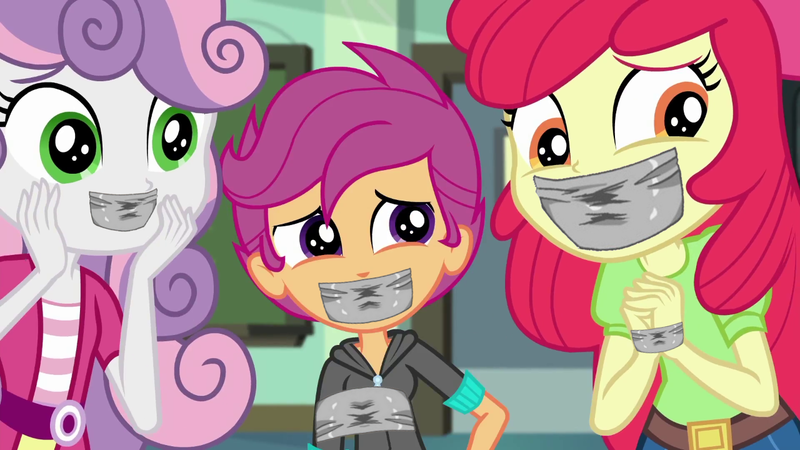 Size: 1280x720 | Tagged: safe, derpibooru import, edit, edited screencap, screencap, apple bloom, scootaloo, sweetie belle, equestria girls, equestria girls series, g4, happily ever after party, belt, bloomsub, canterlot high, clothes, cute, cutie mark crusaders, denim, gag, hand on cheek, happily ever after party: rainbow dash, hoodie, image, jacket, jeans, my little pony equestria girls: better together, my little pony equestria girls: choose your own ending, pants, pleading, png, puppy dog eyes, purple hair, red hair, scootasub, shirt, sweetiesub, tape, tape gag, trio