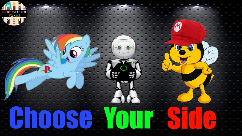 Size: 1280x720 | Tagged: safe, artist:generation pixel, derpibooru import, rainbow dash, bee, insect, pegasus, pony, robot, alternate cutie mark, barely pony related, console wars, image, nintendo, png, sony, xbox, youtube thumbnail